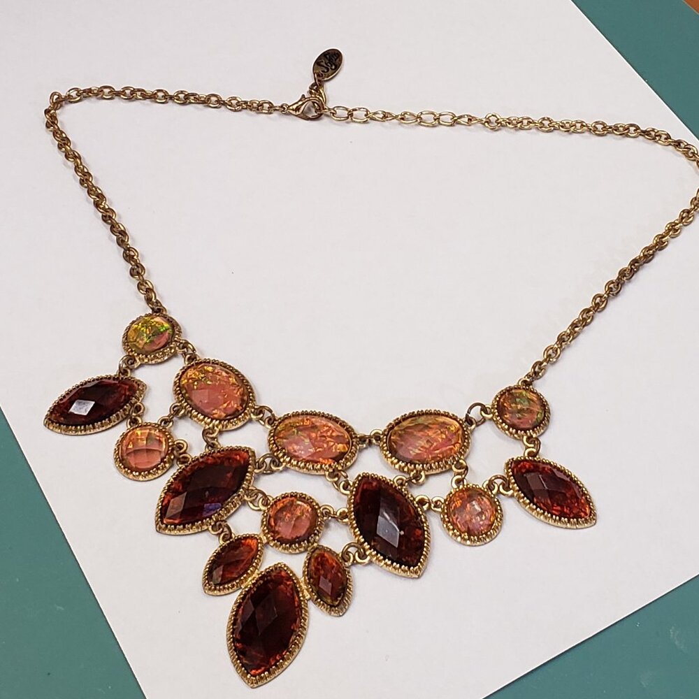 Sofia, by Sofia Vergara, gold tone, amber acrylic, ab stone statement necklace